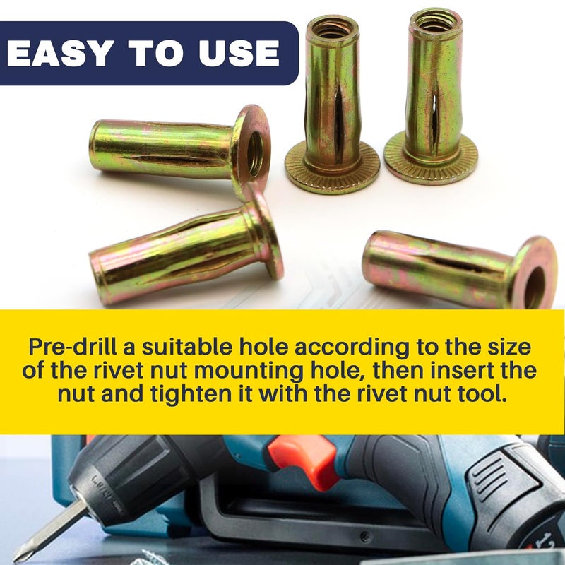 Terixe 100 Pack 1/4-20 Multi-Grip Rivet Nuts - Zinc-Plated Steel Construction Fasteners - Pre-Bulbed Shank - Flat Head Threaded Insert Plus Nut - Ideal for Household Items, Automobiles - Image 4